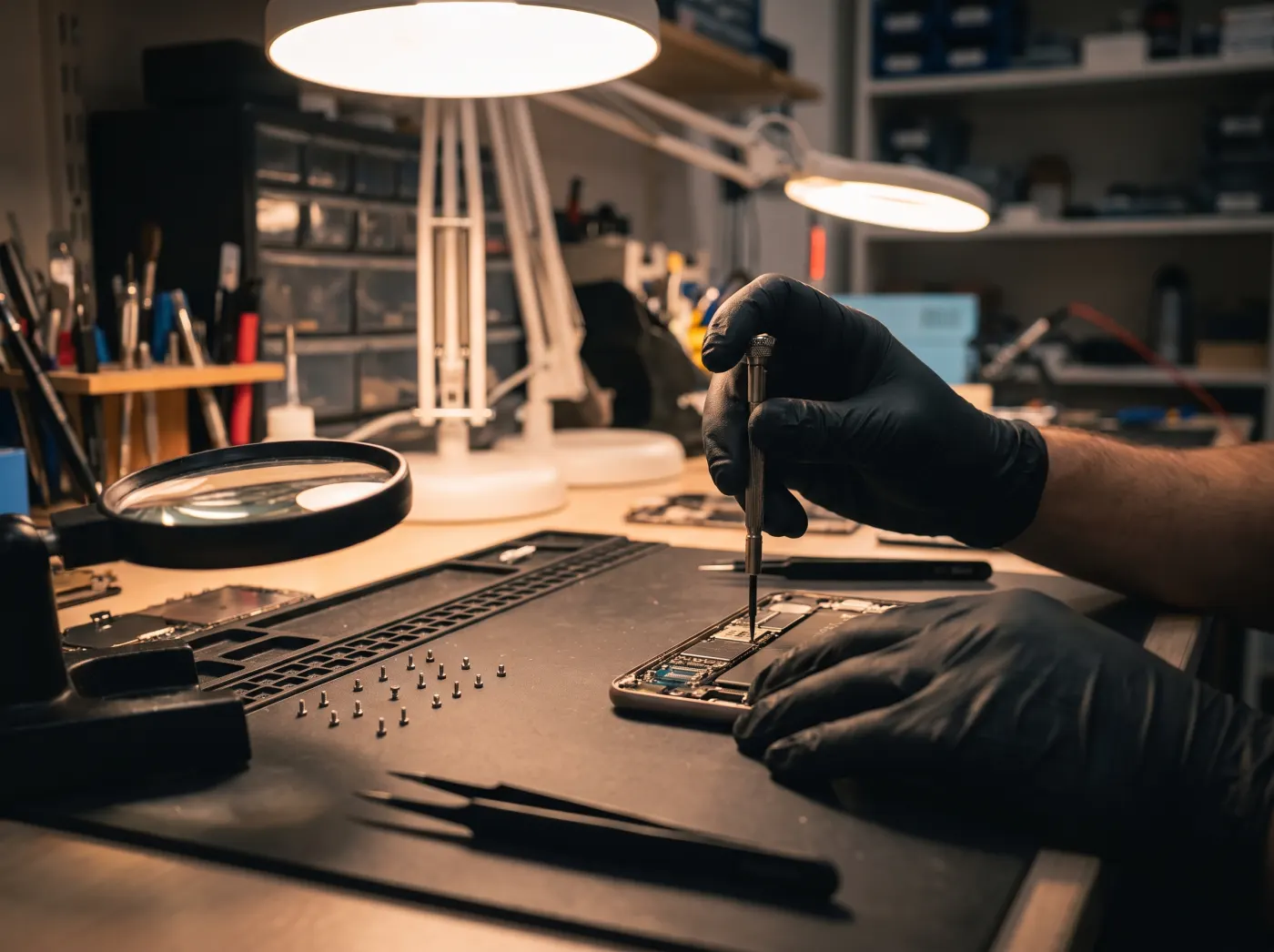 Techniker von Flink & Fix repariert ein Smartphone in der Werkstatt
